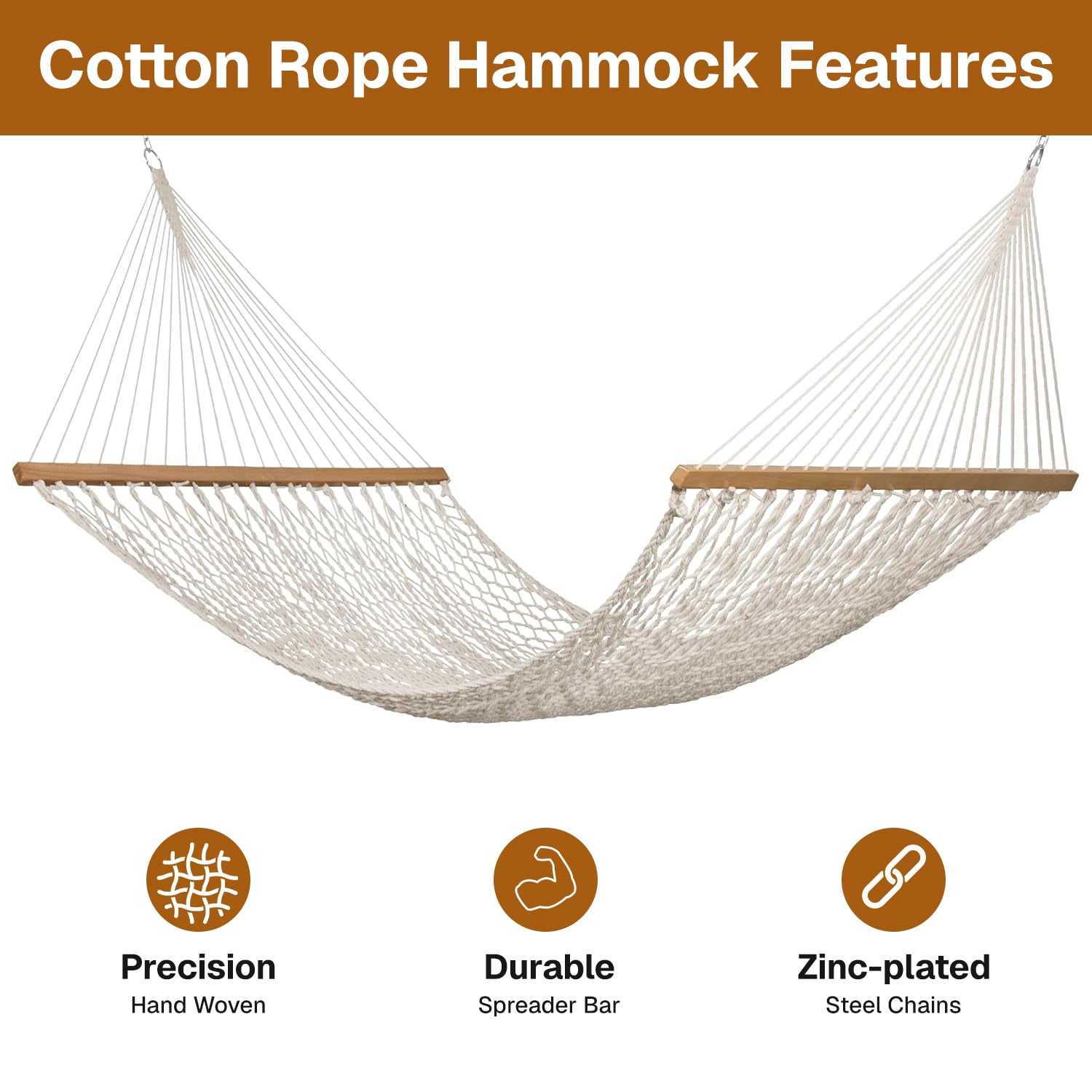 BN-LINK Cotton Rope Hammock,Handwoven Hammock with Hardwood Spreader Bars,Double Hammock for Outdoor Backyard Patio Poolside,330lbs Weight Capacity, Natural