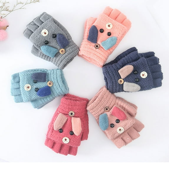 AYYUFE Winter Warm Kids Boys Girls Cartoon Dog Flip Top Knit Half Finger Gloves Mittens