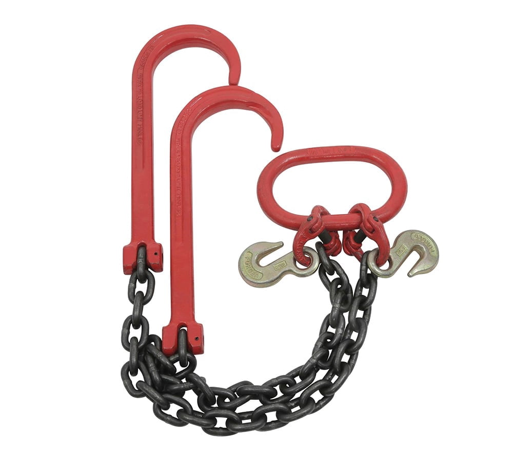 3/8" x 2' Leg G80 V Bridle Tow Chain w/Two 15" J-Hook & Eye Cradle Grab Hook - 7100 LBS WLL Long Shank J Hook Transport Tow Truck Chain for Car Towing Wrecker Recovery
