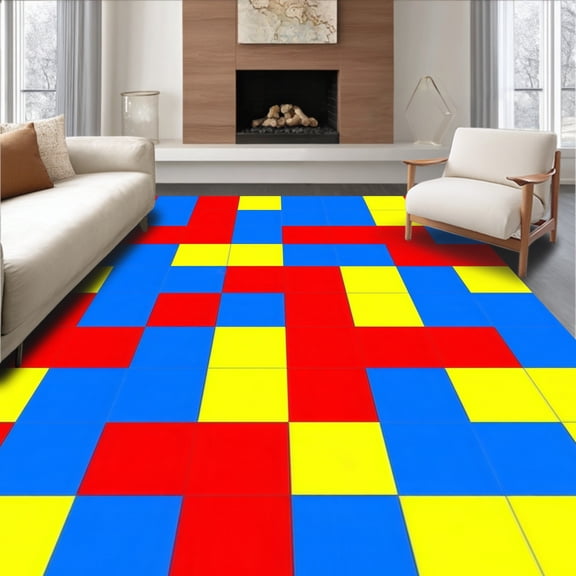 Flatwoven High Traffic Area Rug, Bright Primary Color Interlocking Design, Non Slip, Stain Resistant, Washable Area Rugs for Living Room, Bedroom(Red, 4X6)