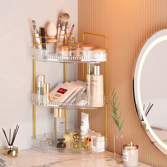 Garmic 3-Tier Corner Makeup Organizer with Detachable Makeup Brush Holder, Triangle Bathroom Storage Rack for Vanity Trays Bedroom, Gold & Transparent