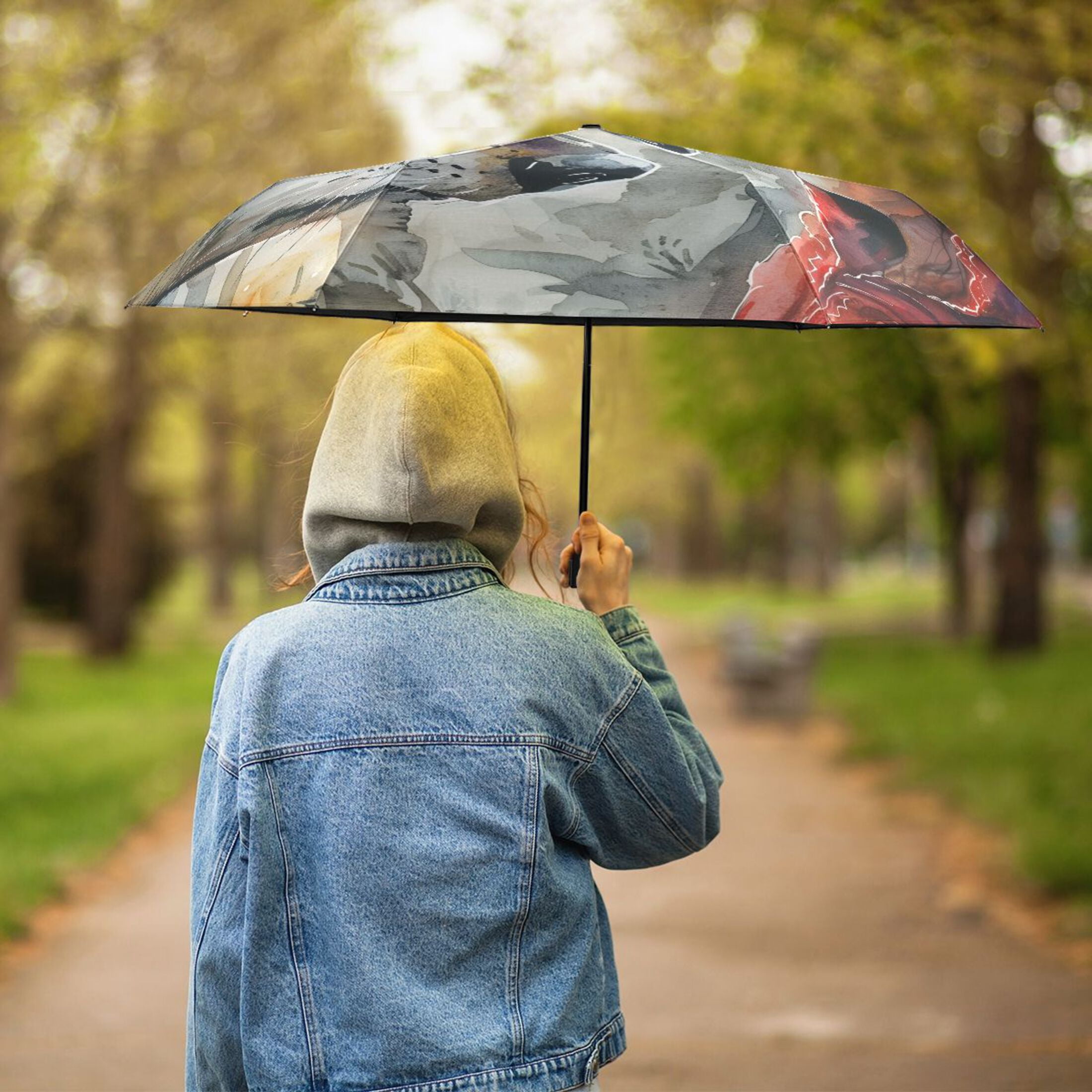 Wolf and Red Clothed Girl Compact Sun Umbrella Windproof Travel Umbrellas for Rain Strong Portable UV Protection