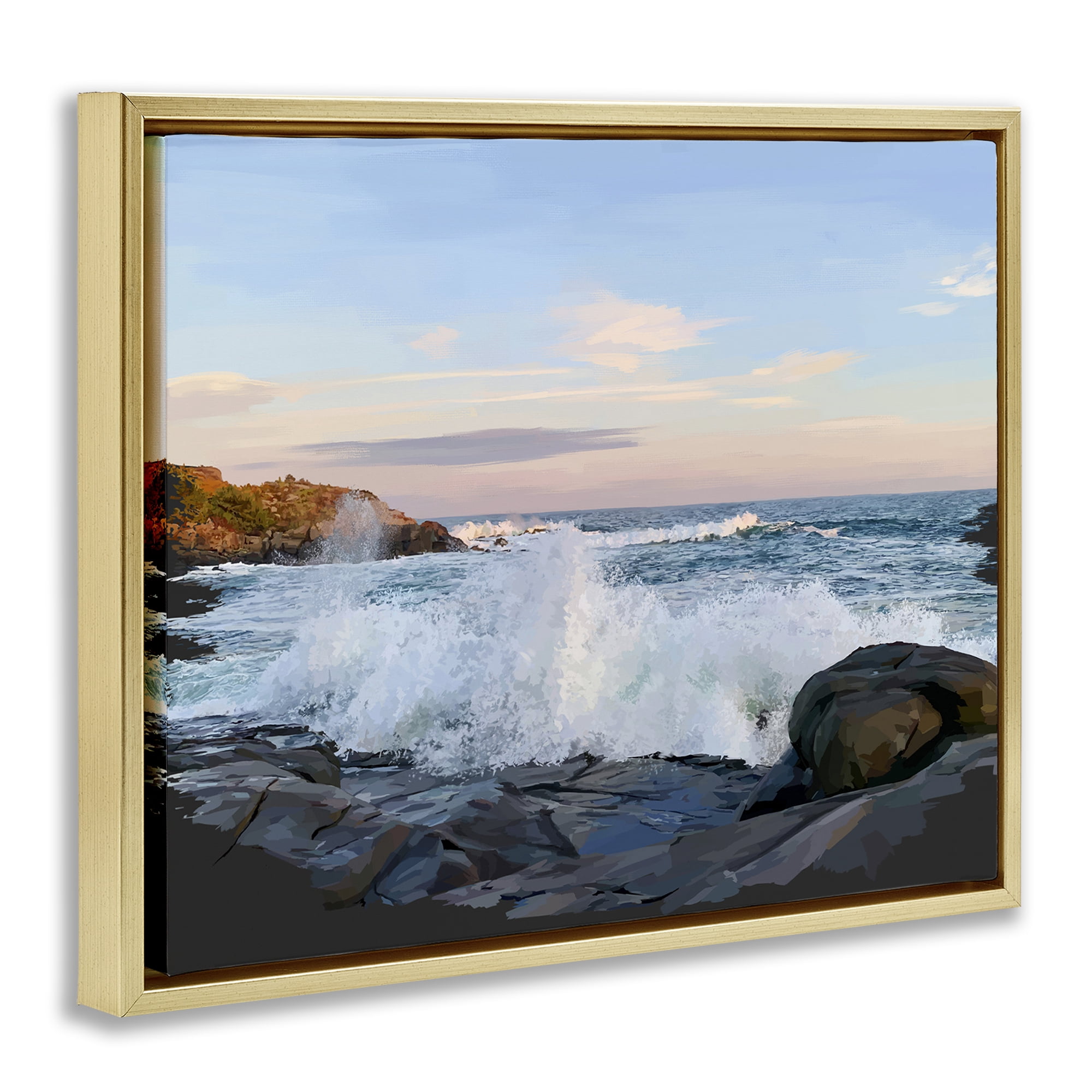 Stupell Industries Strong Breaking Waves Landscape Photography Gold Floater Framed Canvas Art Print Wall Art, 21 x 17