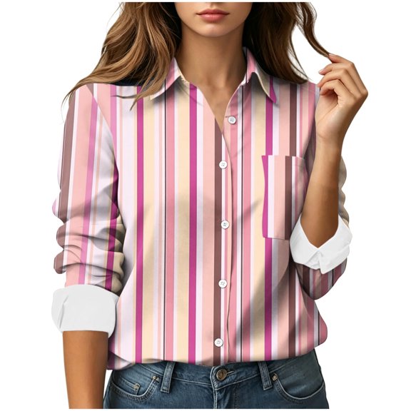jobturf Striped Long Sleeve Shirt Women Dressy Casual Collared Button Down Shirts Loose Fit Casual Fall Blouses with Pocket XXL