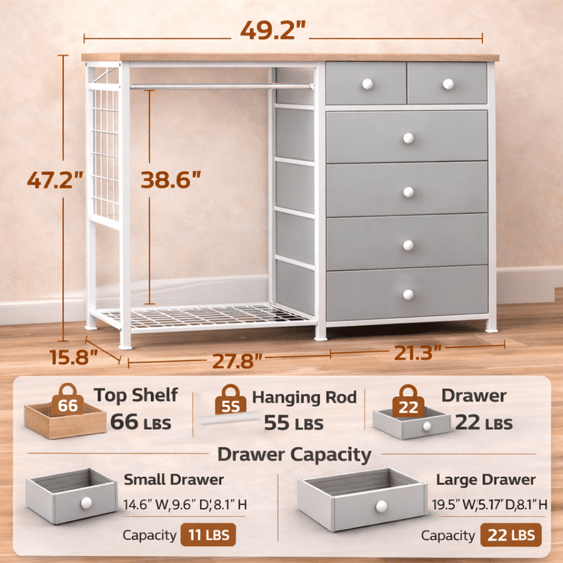 Simple Deluxe Storage Clothes Rack with 6 Drawers, Charging Station & LED Lights, Fabric Chest Shelves Clothing Rack, Wooden Portable Wardrobe Closet, 49.2" W x 15.7" D x 47.2" H, Silver