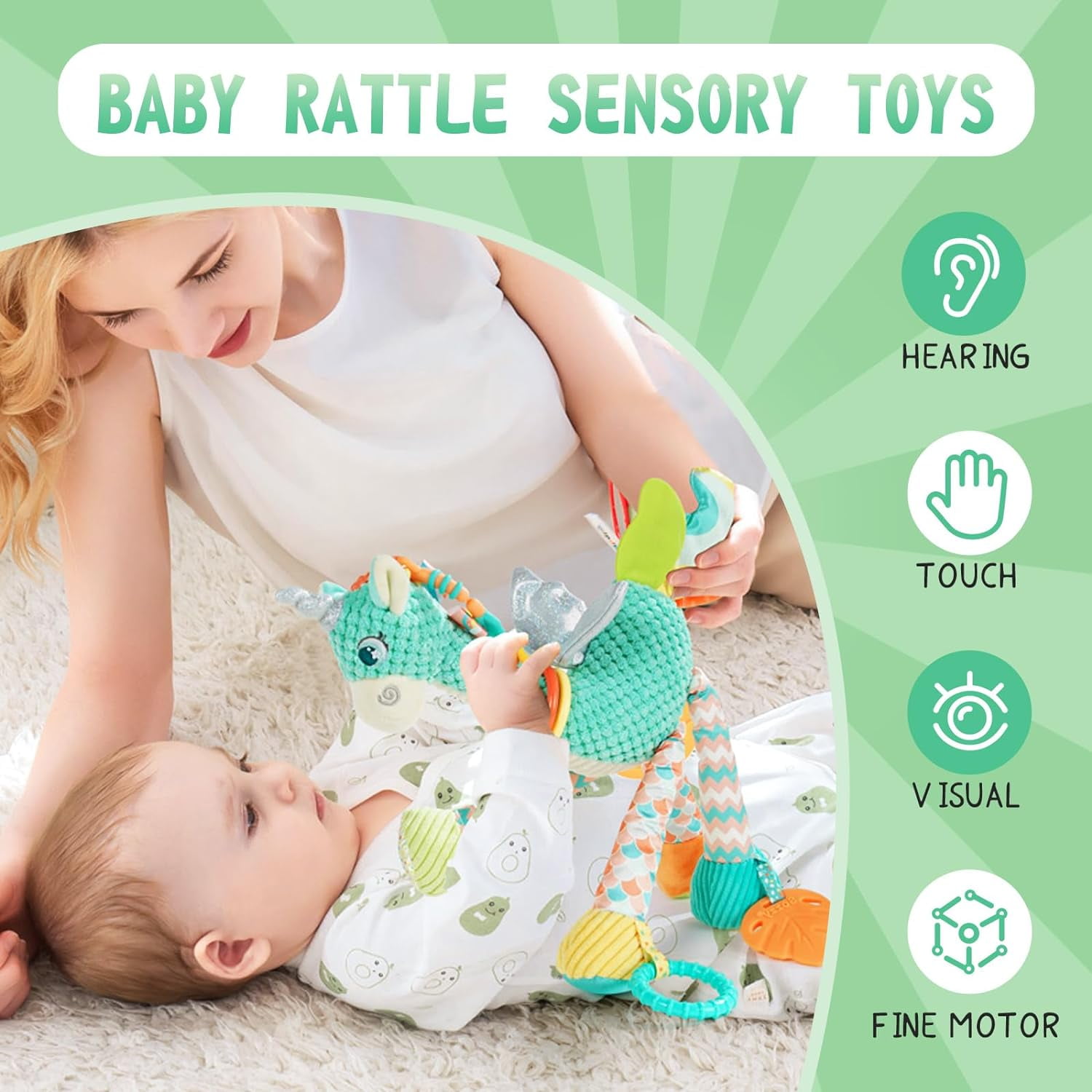 Giraffe Teething Hanging Toy, Chewable Sensory Crinkle Bell Doll for Stroller Crib Car Seat, Newborn Infant 0-12 Months Gift