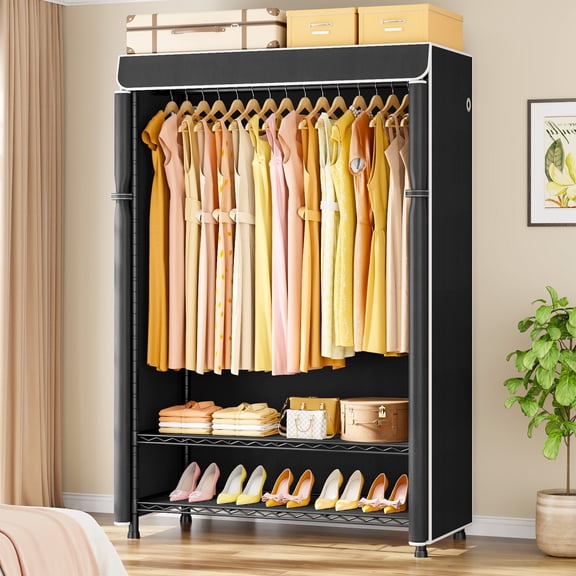 H5C Plus Clothes Rack with Cover, Covered Clothing Rack Heavy Duty Garment Rack with Shelves, 3-Tier Portable Closets for Hanging Clothes, Max Load 370LBS, Black Closet Racks with Black Cover