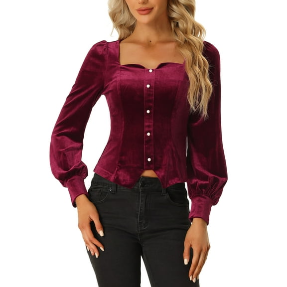 Allegra K Vintage Velvet Top for Women's Sweetheart Neck Cinched Waist Casual Blouse