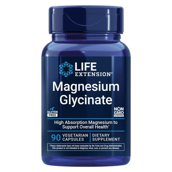 Life Extension Magnesium Glycinate, heart health, bone health, nerve and muscle support, highly absorbable, gluten-free, non-GMO, vegetarian, 90 capsules