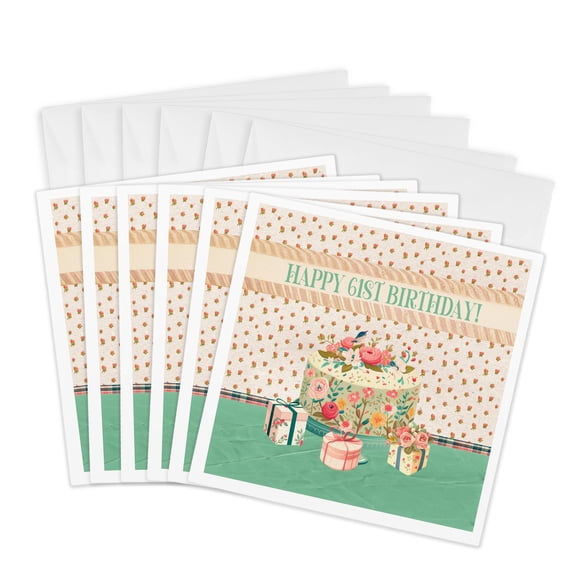 3drose, Happy 61st Birthday, Bird in Flower Garden Cake, Gifts, Pastels, 6 Greeting Cards with Envelopes