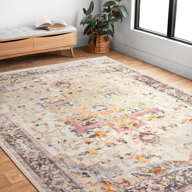 Alexander Home Jennifer Collection Bohemian Medallion Distressed Area Rug