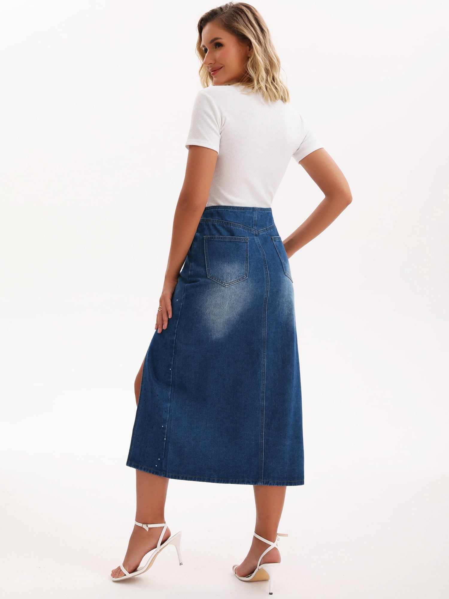 DARING DIVA Women's Midi Denim Skirt Side Split Rhinestone Jean Skirts XX-Large Dark Blue
