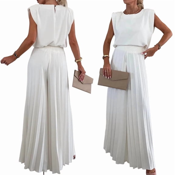 Lounge Sets for Women Two Piece Outfits Knit Cap Sleeve Tops Wide Leg Pleated Pants White S