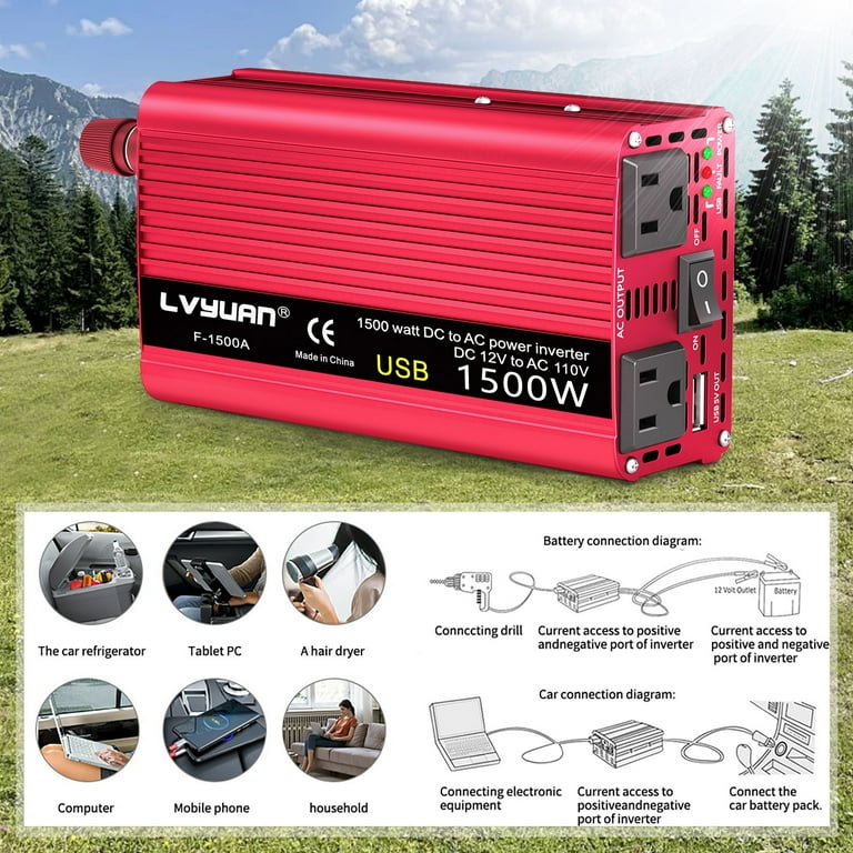 1500 watt inverter cigarette lighter Lvyuan 1500 Watts Peak Power Inverter Car Converter Adapter USB Charger Modified Sine Wave DC 12v to AC 110v Red