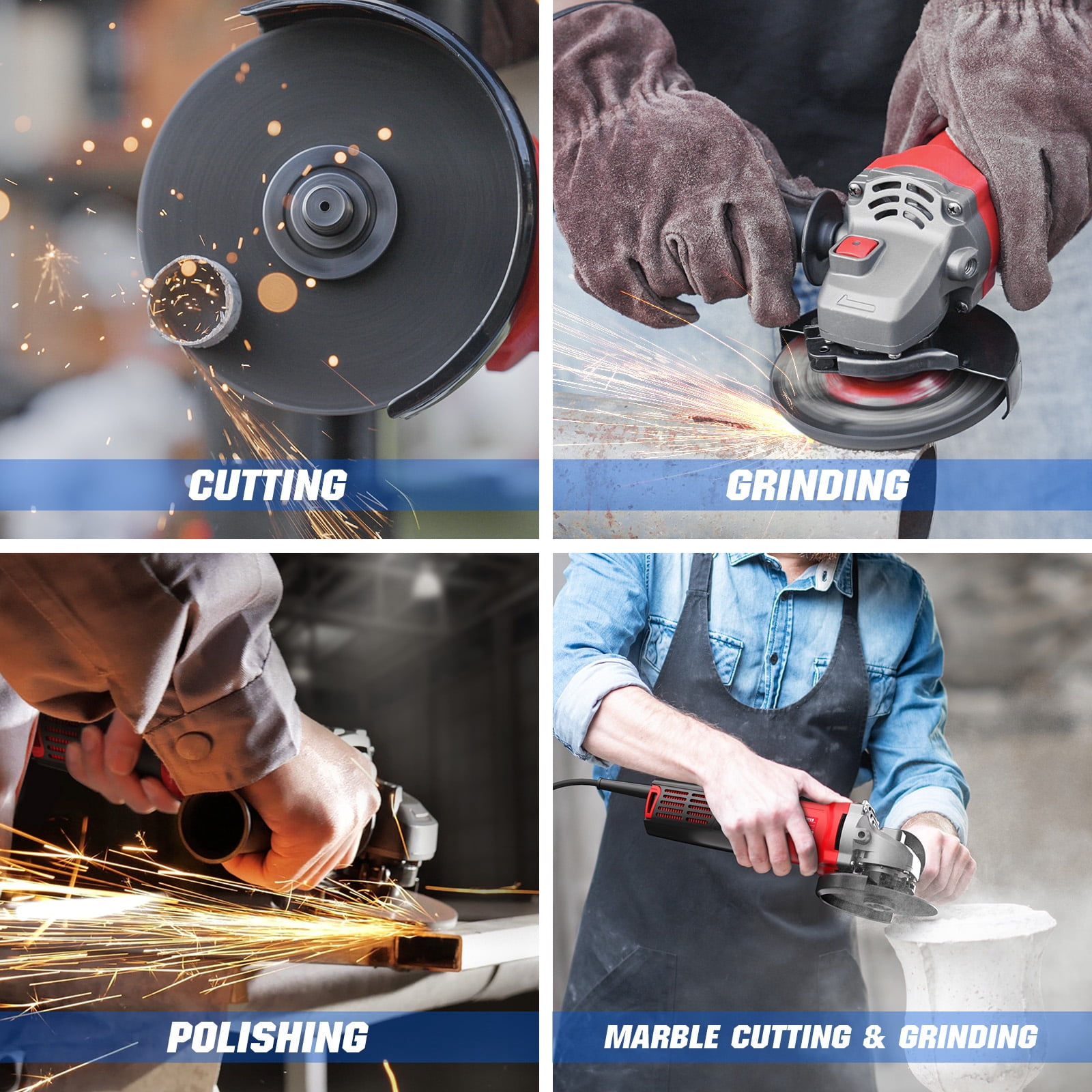 Angle Grinder, 7.5-Amp 4-1/2 inch Electric Grinder Power Tools 12000RPM with Safety Guards, 6-Piece Discs (3 Cutting/2 Metal Grinding/1 Flap Discs) for Cutting, Grinding, Polishing