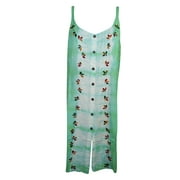 Mogul Womens Green Shift Dress Tie Dye Floral Embroidered Button Front Summer Dresses