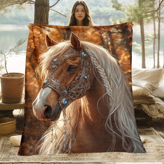 1pc Elegant Brown Horse Printed Blanket - Soft Flannel - All-Season Comfort for Car, Home, Travel & Camping Gift - for Horse Lovers, Horse Blanket
