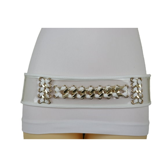 Women White Elastic Waistband Belt Gold Metal Chain Size XS S