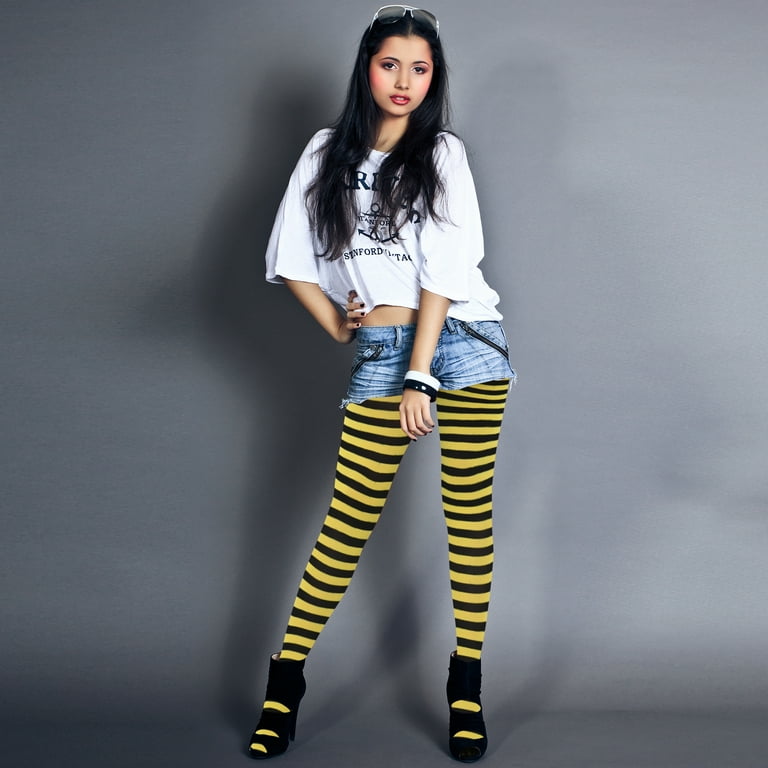 Skeleteen Black and Yellow Tights - Striped Nylon Bumble Bee Stretch  Pantyhose Stocking Accessories for Every Day Attire and Costumes for Teens  and