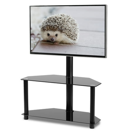 Audio Video Stands Mounts - Rfiver Black Corner Floor TV Stand with Swivel Mount Bracket for 32 37 42 47 50 55 inches TVs, 2-Tier Tempered Glass Shelves for Audio Video, TW2001