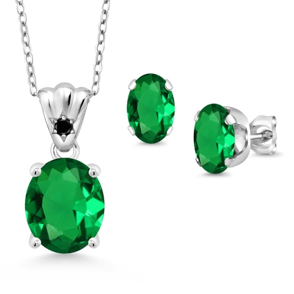 Gem Stone King 925 Sterling Silver Green Nano Emerald and Black Diamond Pendant and Earrings Jewelry Set for Women (4.28 Cttw, Gemstone Birthstone, Oval 11X9MM and 8X6MM with 18 inch Silver Chain)