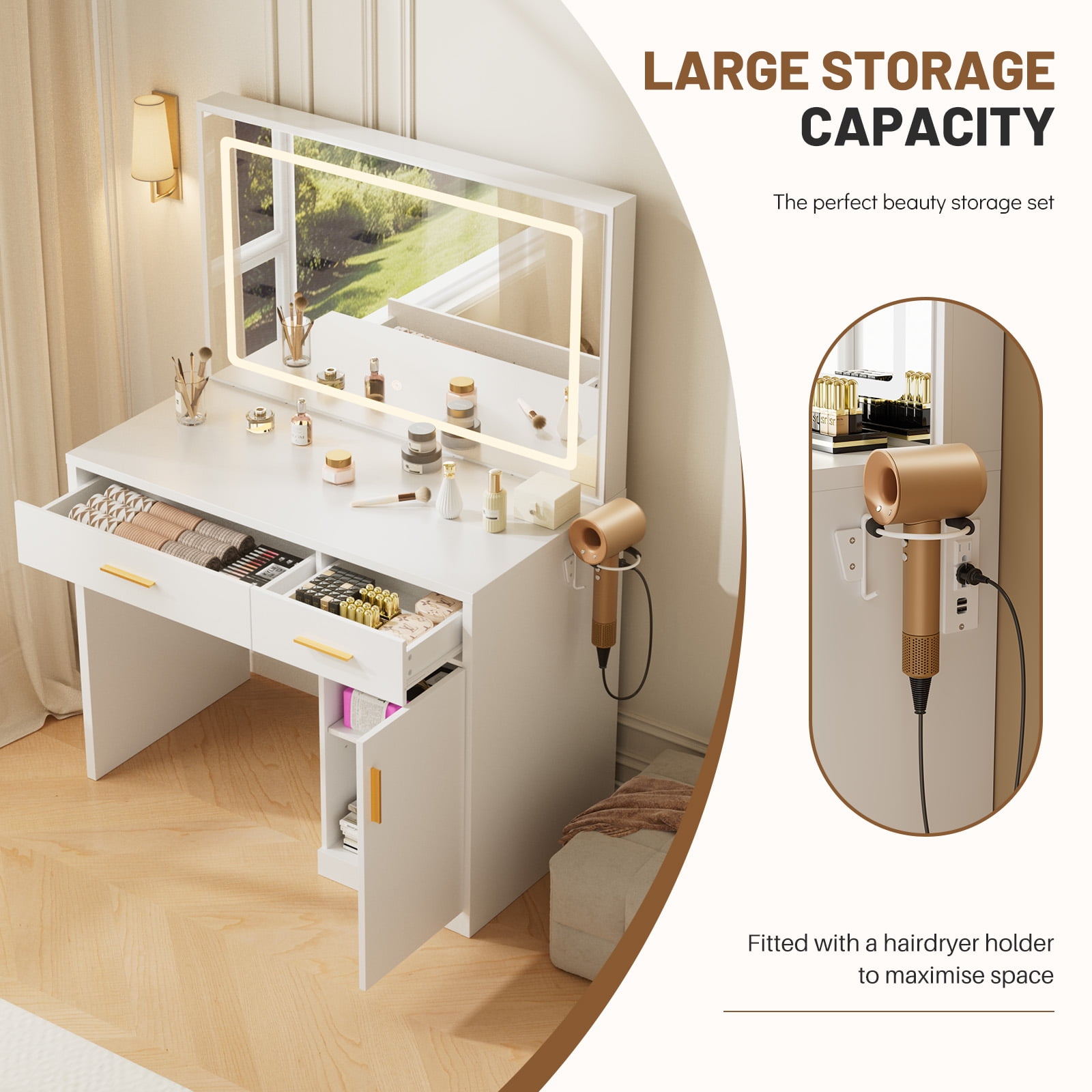 ZUNMOS Vanity Desk with Mirror and Lights, Makeup Vanity Table with Hair Dryer & Power Outlet, 2-Drawer Dressing Table for Bedroom,White