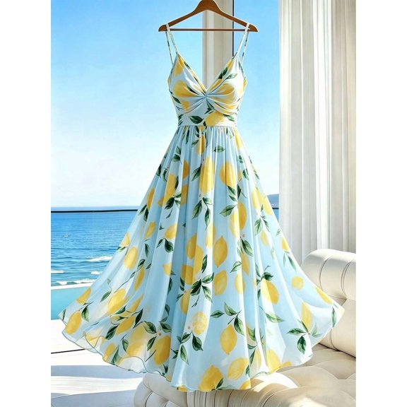Womens Baby Blue Lemon Print Spaghetti Strap Ruched Bodice Maxi Dress