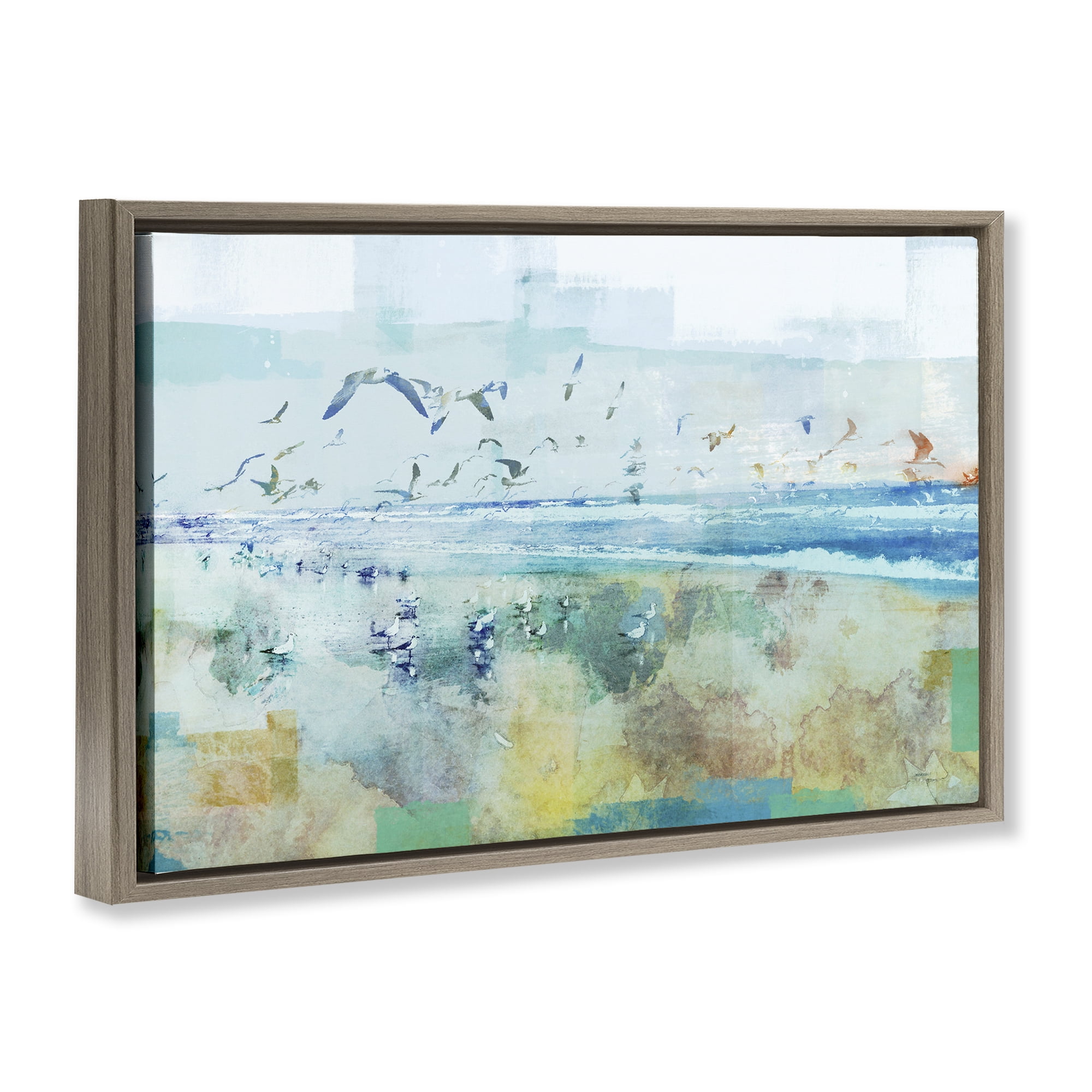 Stupell Industries Abstract Birds Over Beach Abstract Painting Brown Floater Framed Canvas Art Print Wall Art, 31 x 21