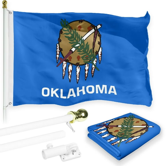 G128 Combo Pack: 6 Feet Tangle Free Spinning Flagpole (White) Oklahoma OK State Flag 3x5 ft Printed 150D Brass Grommets (Flag Included) Aluminum Flag Pole