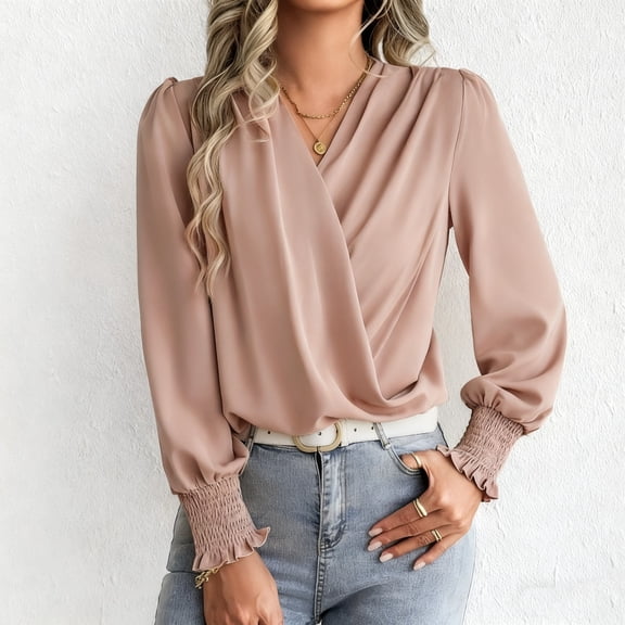 Wowcloth Women's Casual Fashion Solid Color V-Neck Chiffon Blouse with Lantern Sleeves for Daily Wear and Office