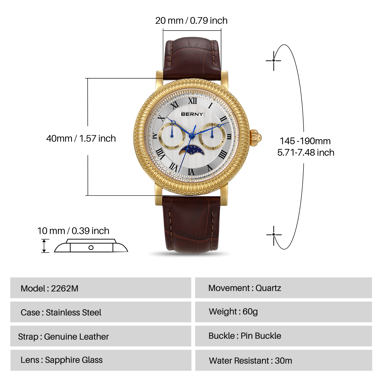 BERNY Mens Leather Watch, Vintage Roman Numerals Moon Phase Dress Watch with Day & Date, Stainless Steel, Sapphire Crystal, Waterproof, Fashion Luxury Analog Quartz Wrist Watches for Men (Gold)