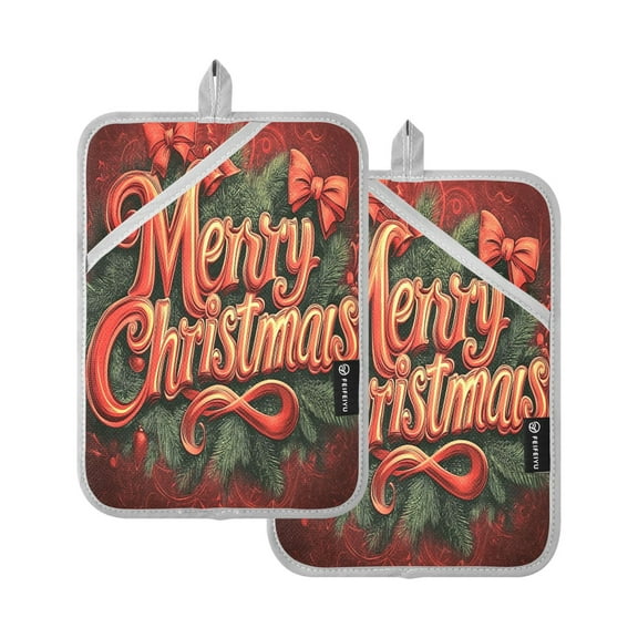 BZSMCE Pot Holder Oven Mitts Cooking baking Merry Christmas Print and Elegant Bowknot Creative Pattern Size:7x9.8in