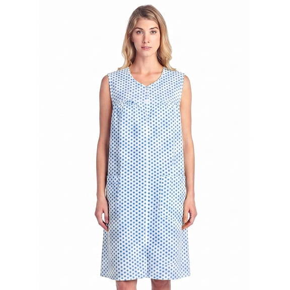Casual Nights Women's Sleeveless Seersucker Zip Front Housecoat, Cotton & Polyester Blend Duster with 2 Pockets, 40 Inch Length, Dots Blue S