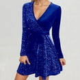 thumbnail image 2 of IWRICH Formal Sequin Velvet Mini Dress for Women Fashion Long Sleeve a Line Sparkly V Neck Glitter Short Dresses Blue XXXL, 2 of 7