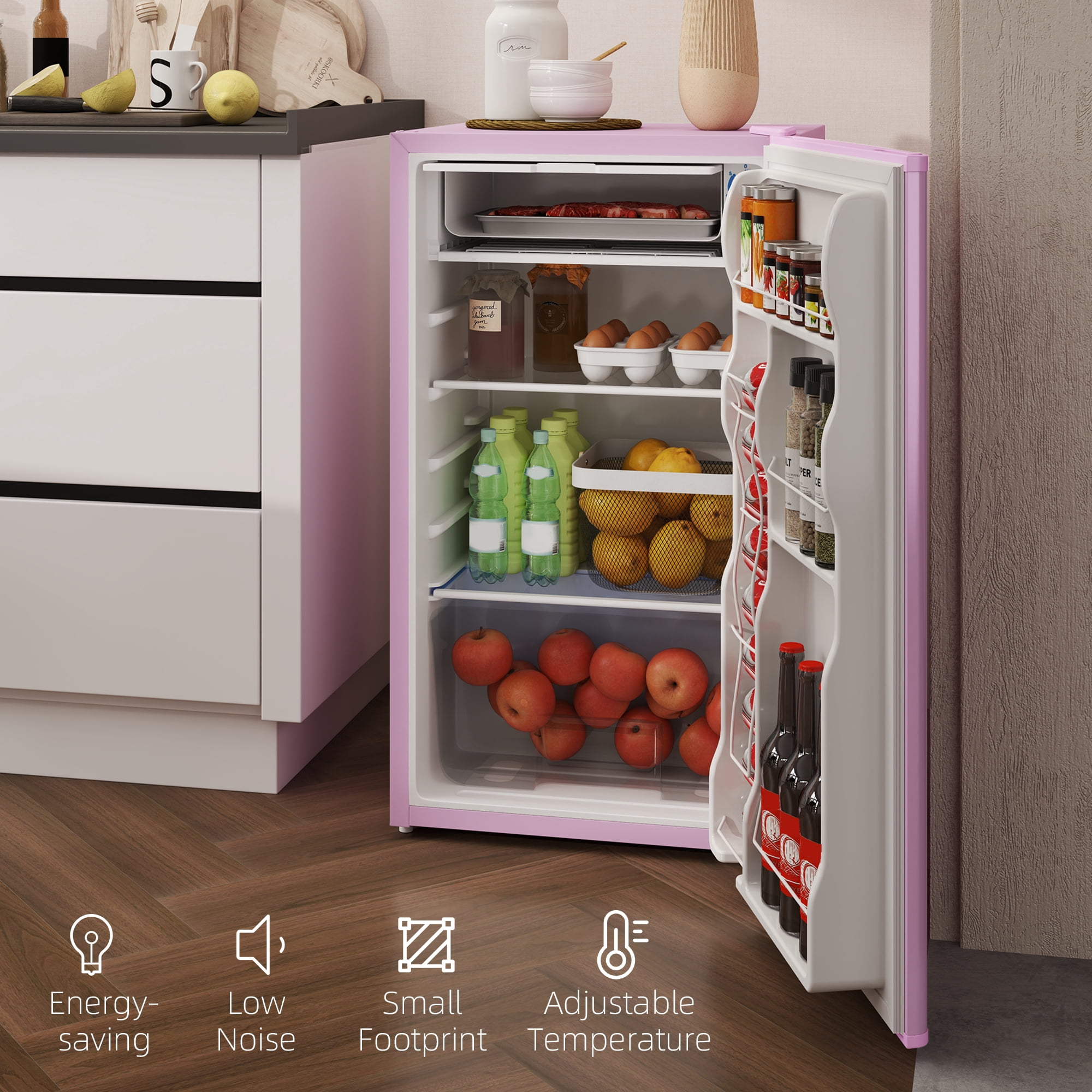 HOMCOM Mini Fridge with Freezer, 3.2 Cu.Ft Compact Refrigerator with Adjustable Shelf, Mechanical Thermostat and Reversible Door for Bedroom, Pink