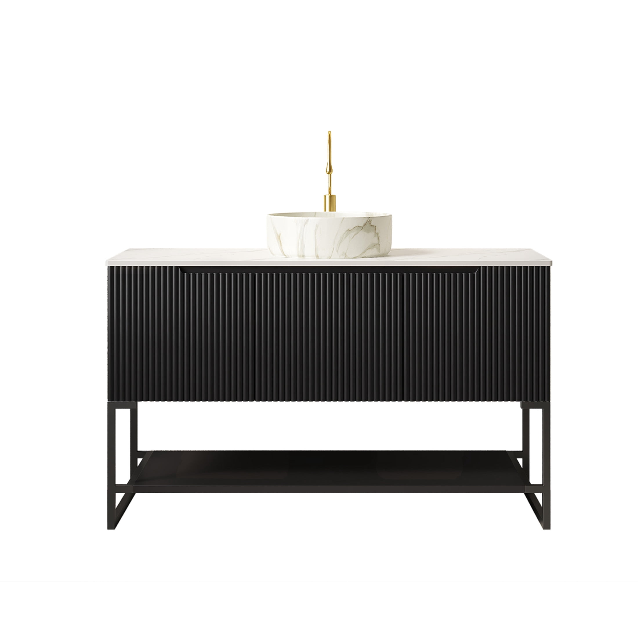 Noble House Tulio 48" Freestanding Bathroom Vanity with Sintered Stone Countertop, Stone Round Ceramic Basin, Black