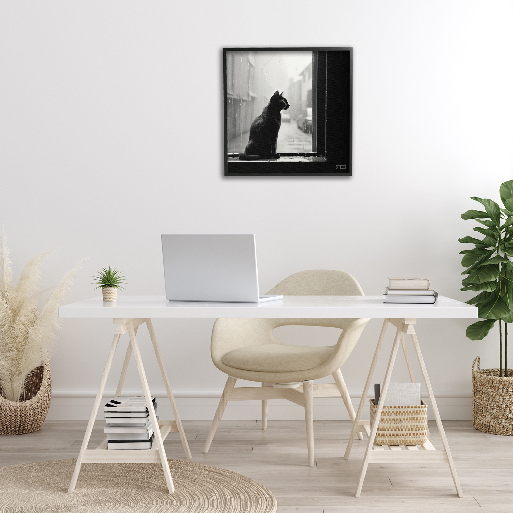 Stupell Industries Cat Gazing Rainy Window Animals & Insects Painting Black Framed Art Print Wall Art, 24 x 24