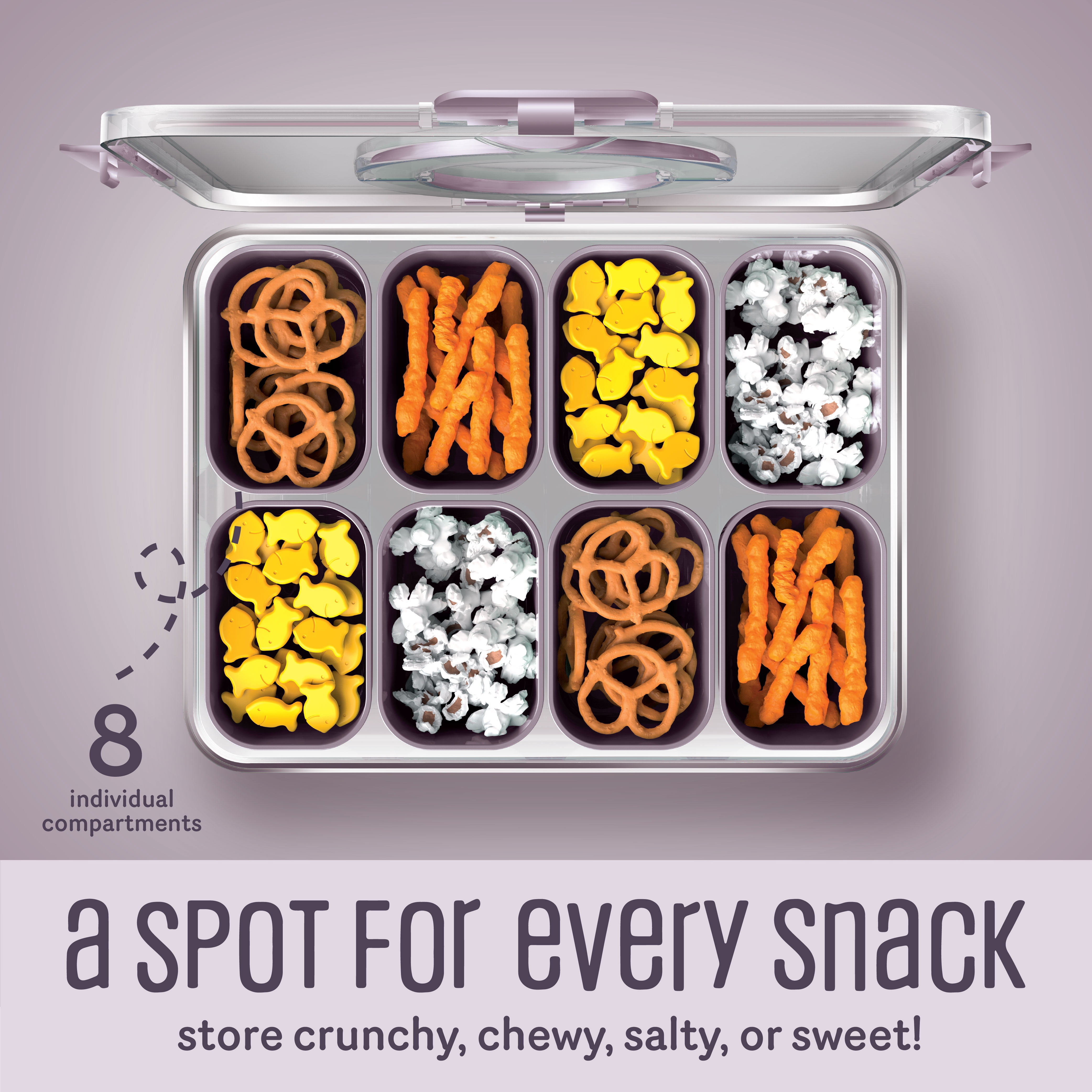 Cook With Color 8-Compartment Snackle Box Food Storage Carrier and Container, Charcuterie Container, Divided Serving Tray with Lids and Handle, Purple, Portable and Dishwasher Safe