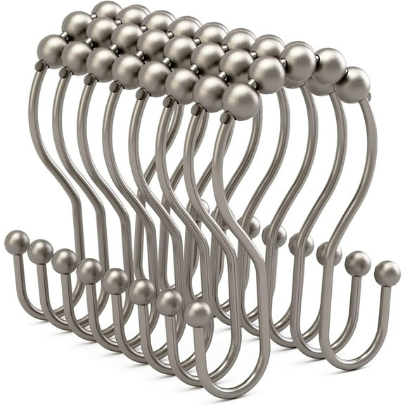 Shower Curtain Hooks, Shower Curtain Rings Rust Proof Balanced Smooth Glide, Double Shower Curtain Hooks, Shower Hooks for Shower Curtain, 12 Pcs, Matte Nickel