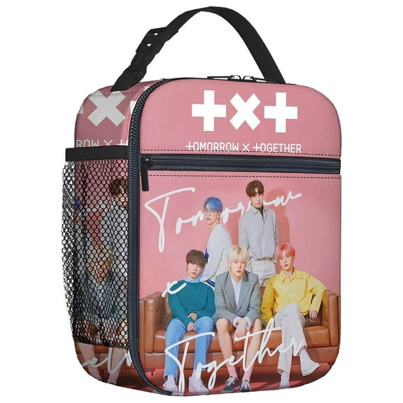 For Kpop TXT Music Themed Insulated Lunch Bag – Reusable Water Resistant Cooler Tote, with Mesh Side Pocket and Zipper, Lunch Box Size 8.66x4.33x10.24 Inch Suitable for Camping, Trips, Picnics