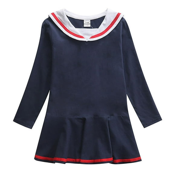 Big Girls Dresses Cute Nautical Sailor Dress Pleated Skirt Kids Playwear Dresses Spring Dresses For Big Girls Dark Blue 6-7 Years