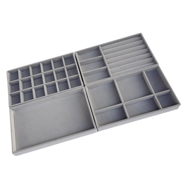 Organizador de bandejas de joyería de 4 piezas, insertos de cajón de exhibición de contenedores de almacenamiento para Gris
