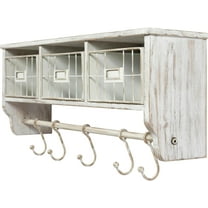 Wall Mounted Storage Rack - Whitewashed Solid Pine Wood - 24 Inch - Upper Shelf - 5 Hooks - Wire Baskets - For Entryway, Kitchen, Bathroom