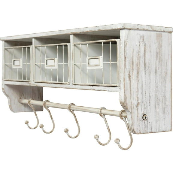 Wall Mounted Storage Rack - Whitewashed Solid Pine Wood - 24 Inch - Upper Shelf - 5 Hooks - Wire Baskets - For Entryway, Kitchen, Bathroom