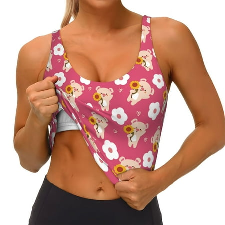 Qokaie Piggy Sunflower Pattern Womens Scoop Neck Sports Bra Breathable Workout Vest Padded U Back Medium Impact Fitness Gym Yoga Bra Workout Crop Top