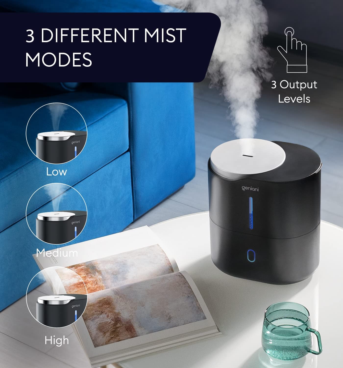 Geniani Top Fill 2L Cool Mist Humidifiers & Essential Oil Diffuser for Home - Smart Aroma Ultrasonic Air Humidifier for Large Room, Bedroom, Baby, Kid - Easy to Clean & Fill, Auto Shut Off, Quiet