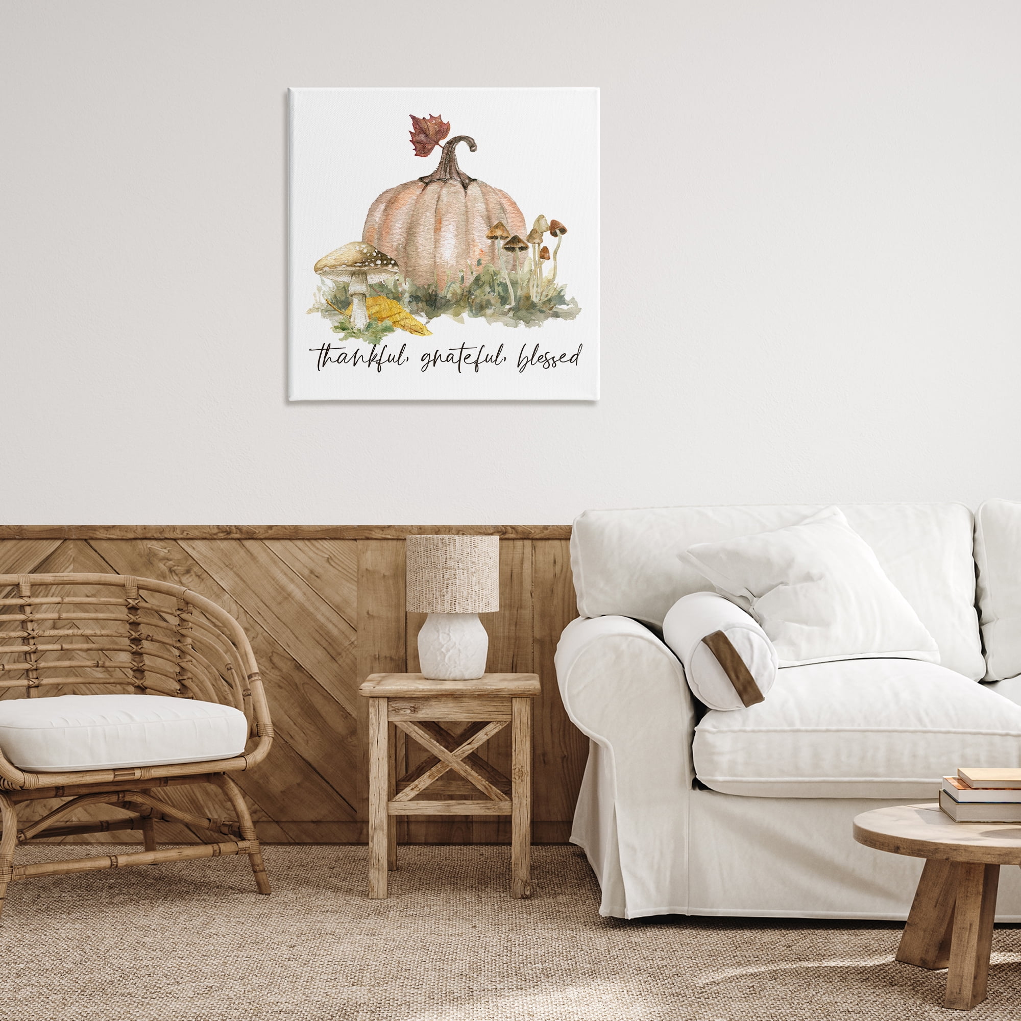 Stupell Industries Thankful Pumpkin & Mushrooms Botanical & Floral Painting Gallery Wrapped Canvas Art Prints Wall Art, 30 x 30