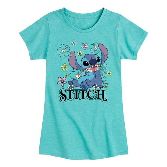 Lilo & Stitch - Stitch Sitting Floral - Youth Girls Fitted Short Sleeve T-Shirt