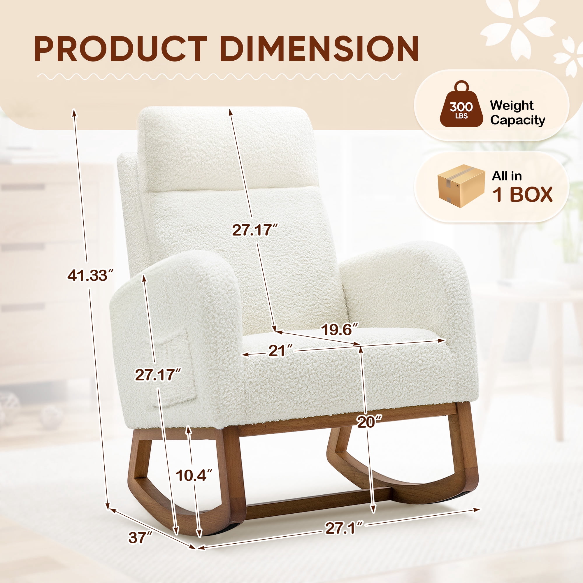 Timbernest Rocking Chair Teddy, 27" High Backrest Modern Accent Chair, Glider Rocker for Living Room, White