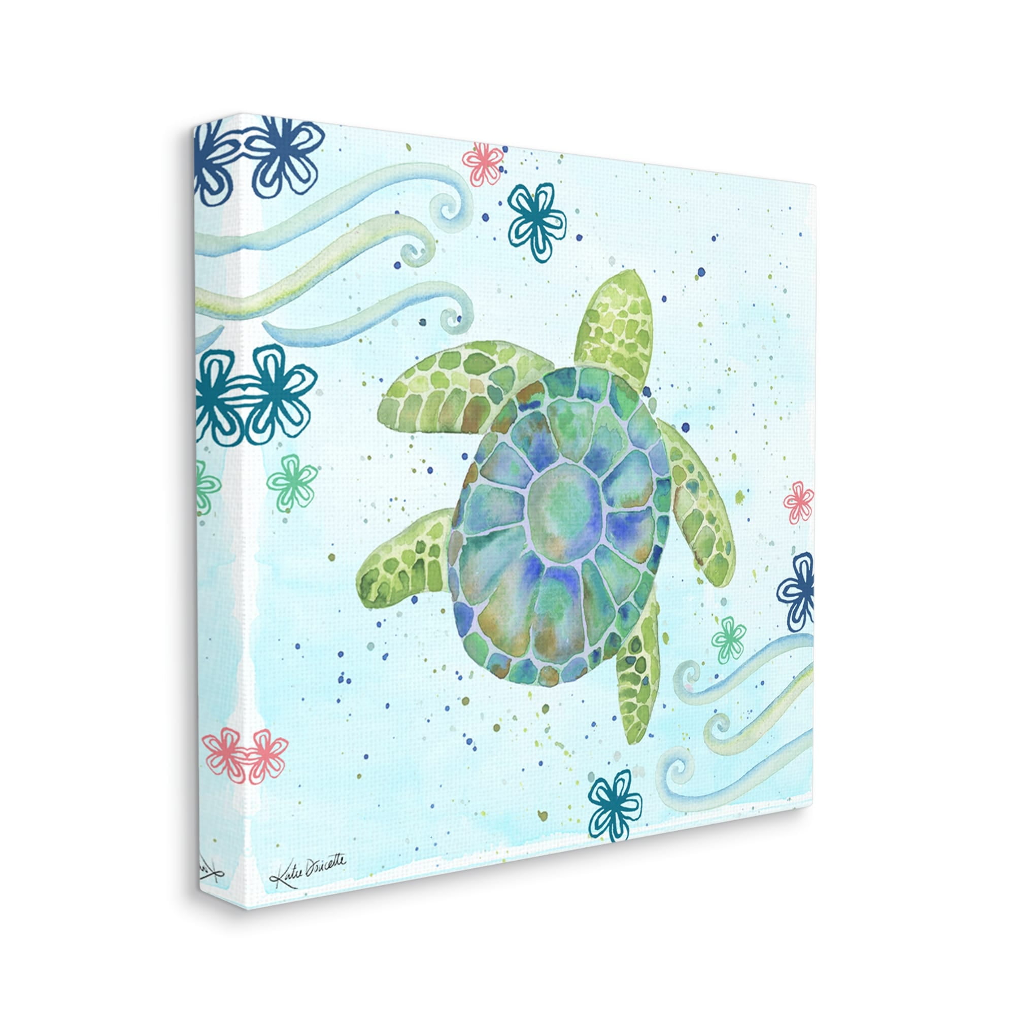 Stupell Industries Lovely Green Sea Turtle Ocean Flower Painting Canvas Wall Art, 17 x 17, Design by Katie Doucette